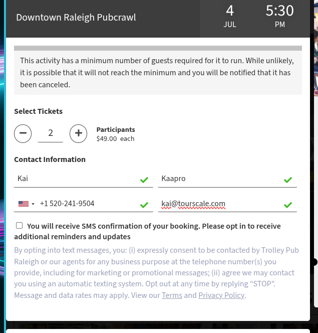 Screenshot of the standalone, un-pre-checked SMS opt-in checkbox shown to customers during booking checkout